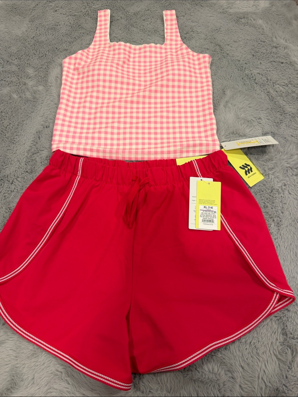 Girls Pink Gingham Tank and Bright Pink Athletic Shorts Set Large Top XL bottom